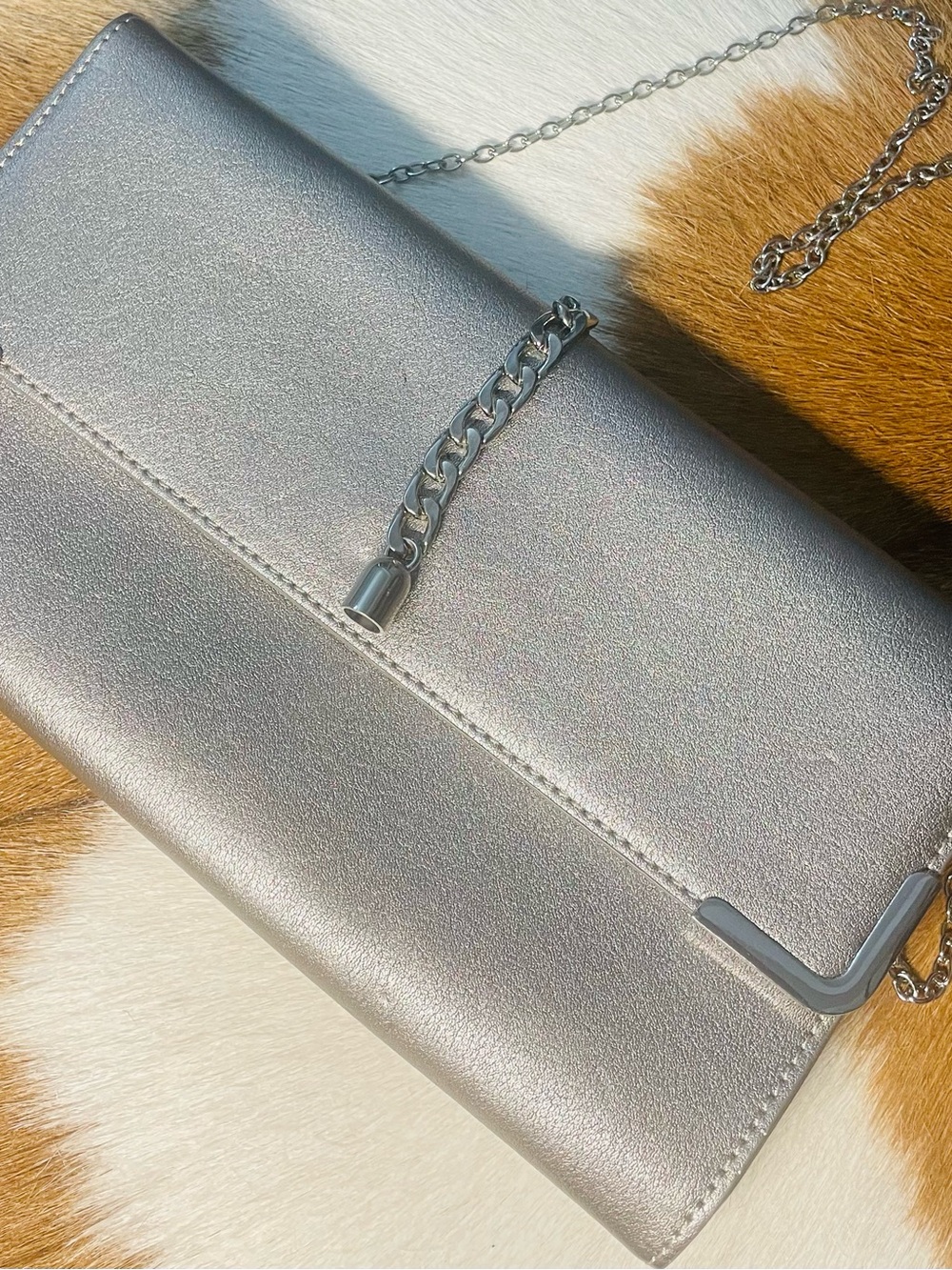 INC International Concepts Silver Metallic Fold Over Clutch Chain Shoulder Bag